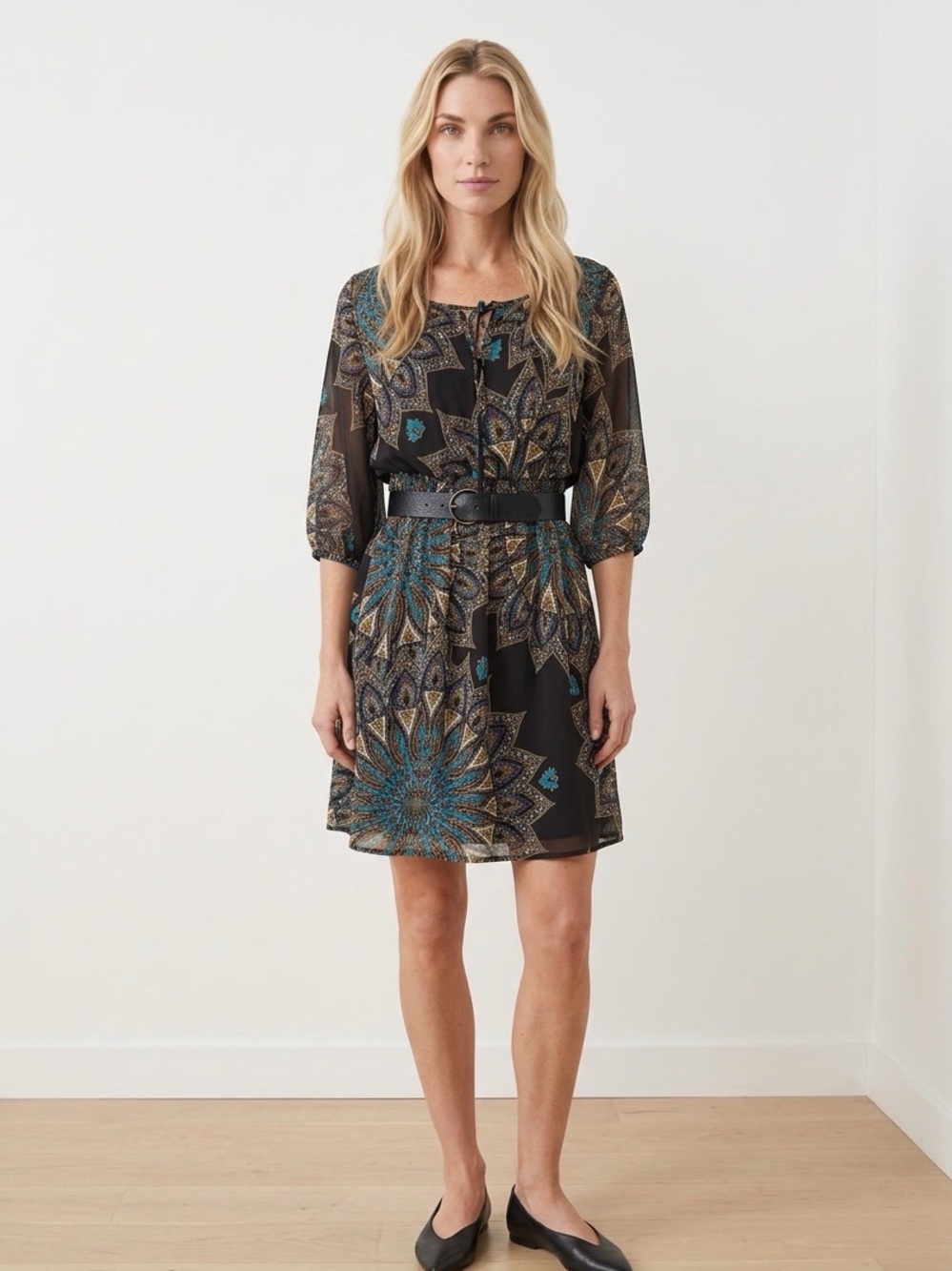 Nicole Miller Black & Teal Printed Chiffon Peasant Dress NWT Size 6
